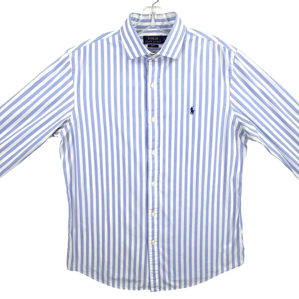 Polo Ralph Lauren Striped Button Up Shirt Men Large Blue White Cotton Slim Fit
